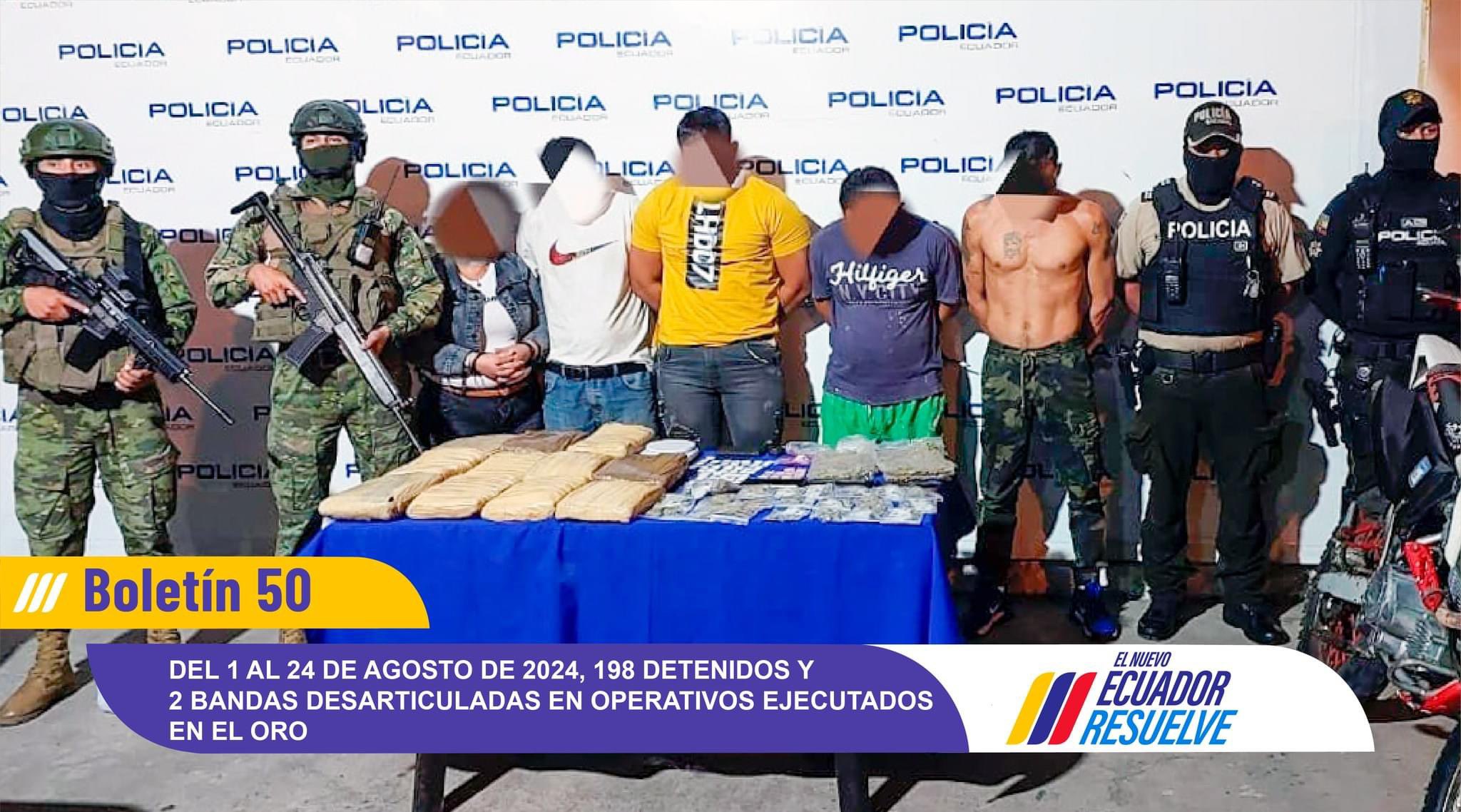 DEL 1 AL 24 DE AGOSTO DE 2024,198 DETENIDOS Y 2 BANDAS DESARTICULADAS EN OPERATIVOS EJECUTADOS EN EL ORO